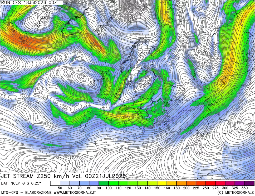 mappa 250 hPa Jet stream