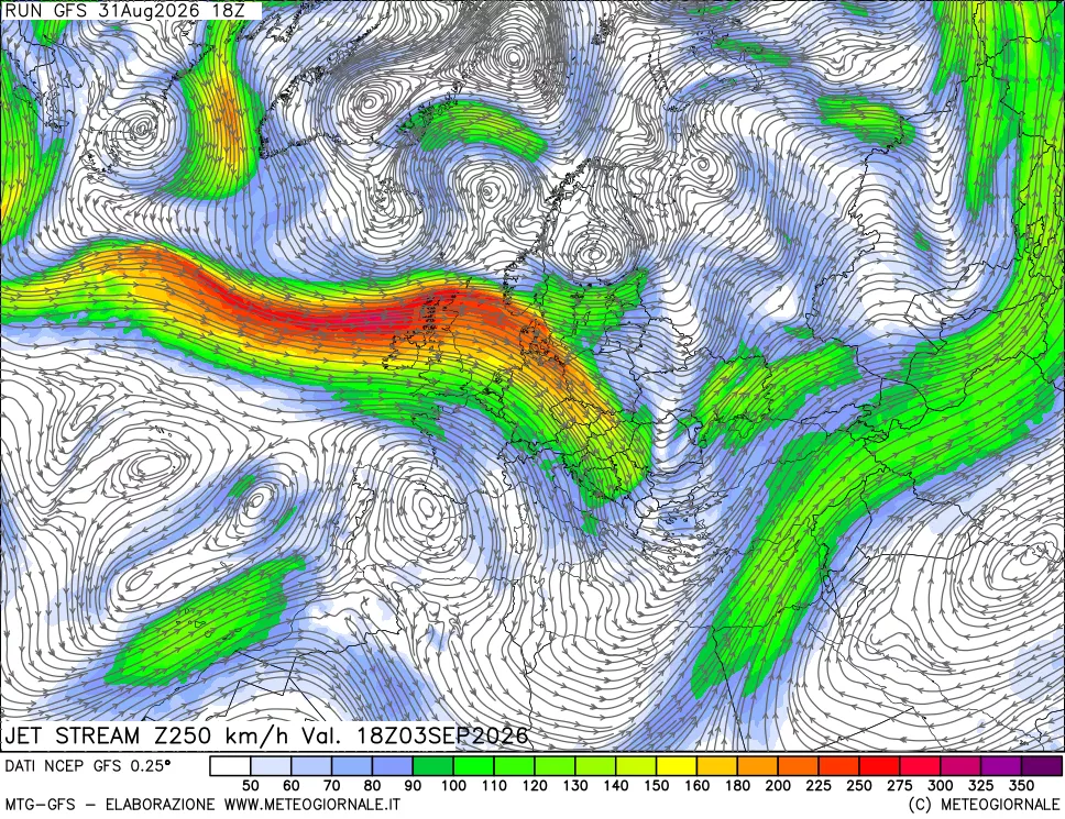 mappa 250 hPa Jet stream