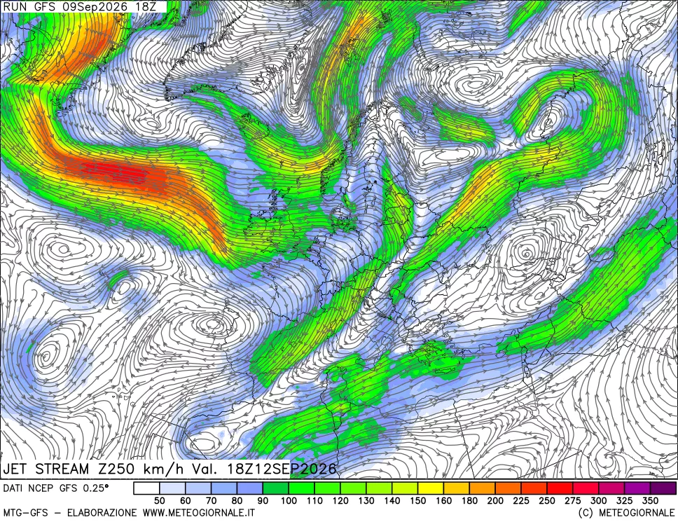 mappa 250 hPa Jet stream