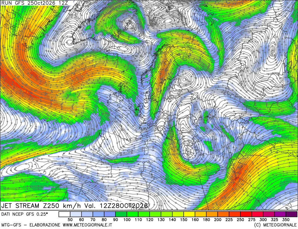 mappa 250 hPa Jet stream