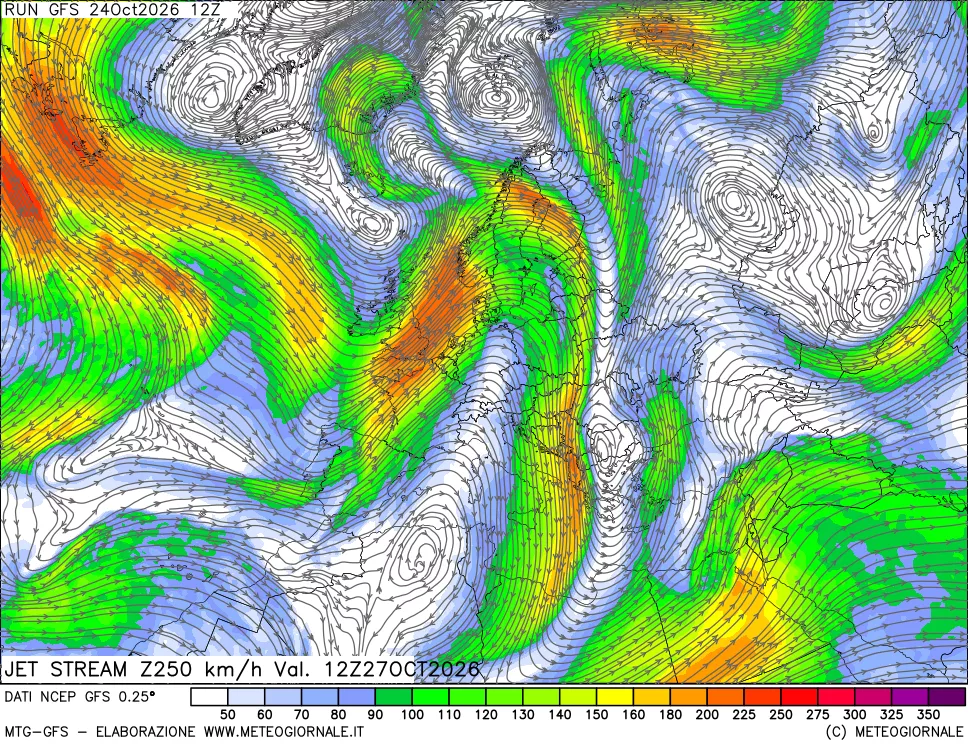 mappa 250 hPa Jet stream