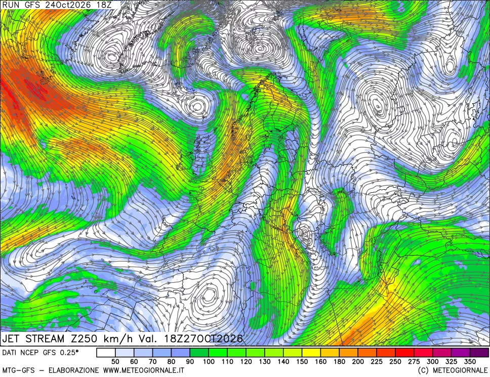 mappa 250 hPa Jet stream