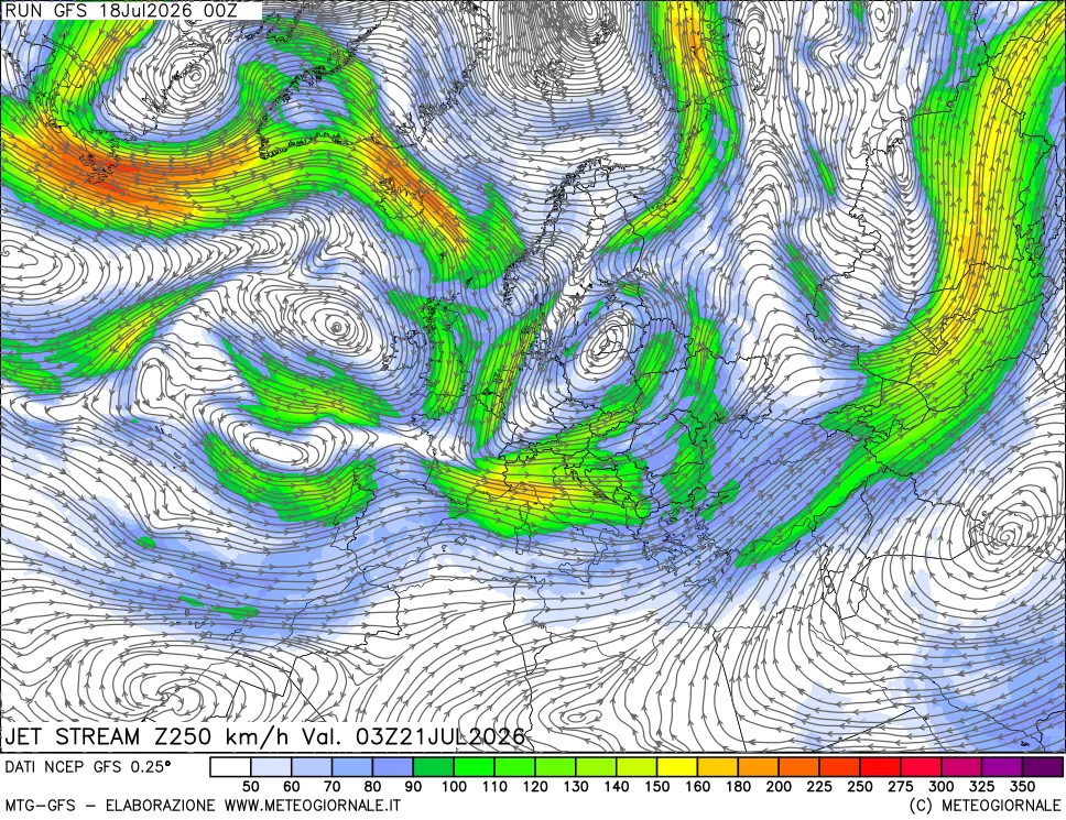 mappa 250 hPa Jet stream