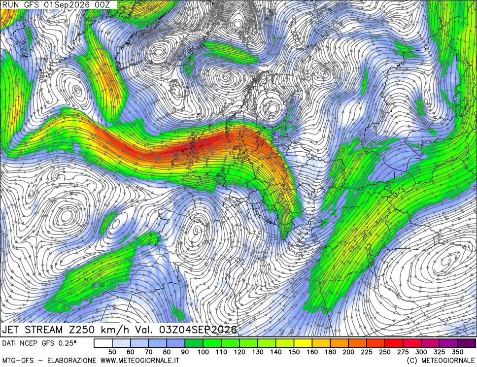 mappa 250 hPa Jet stream