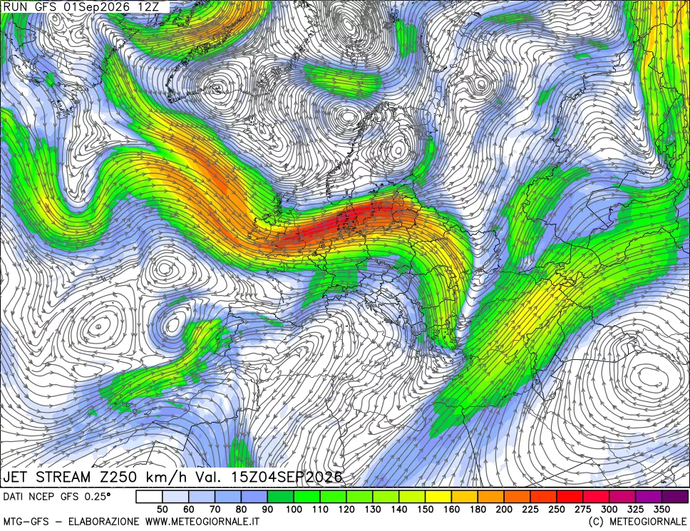 mappa 250 hPa Jet stream