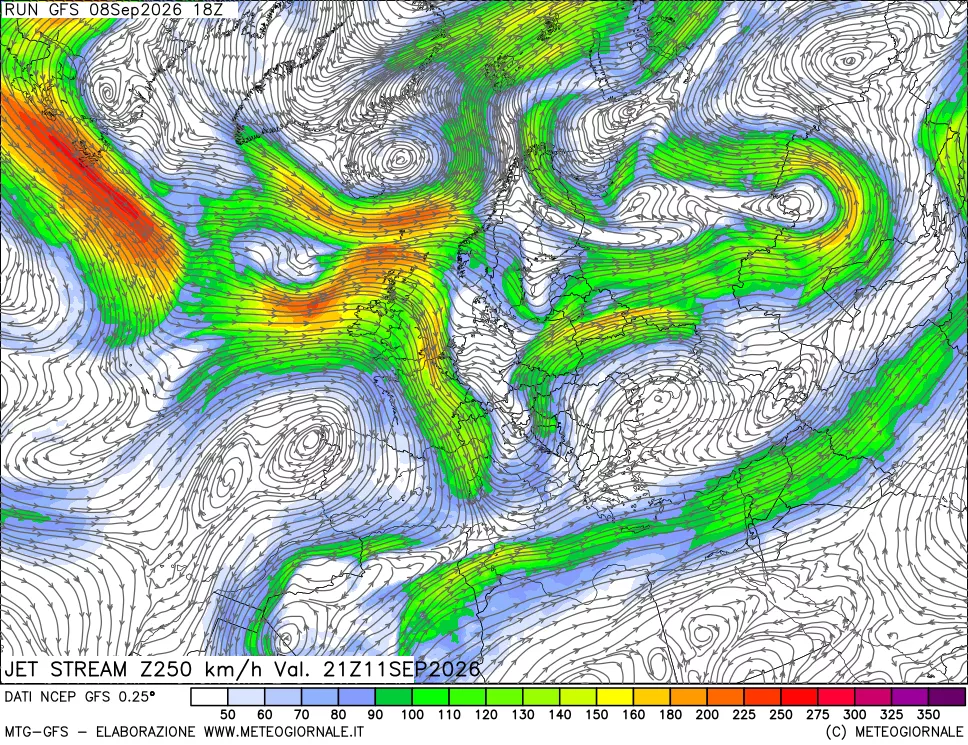 mappa 250 hPa Jet stream