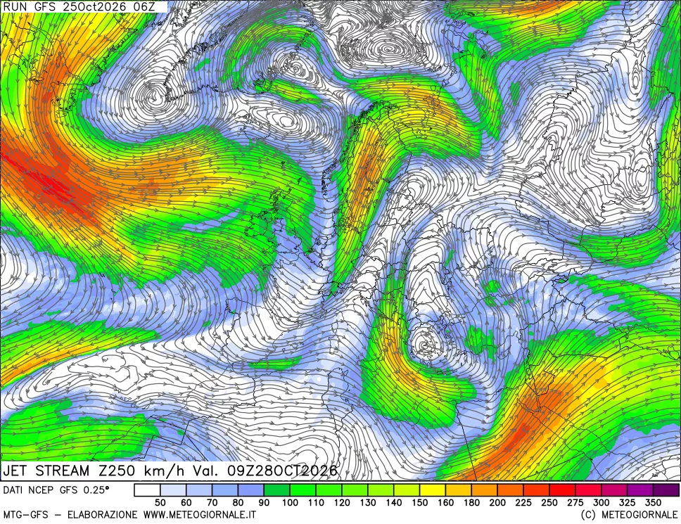 mappa 250 hPa Jet stream