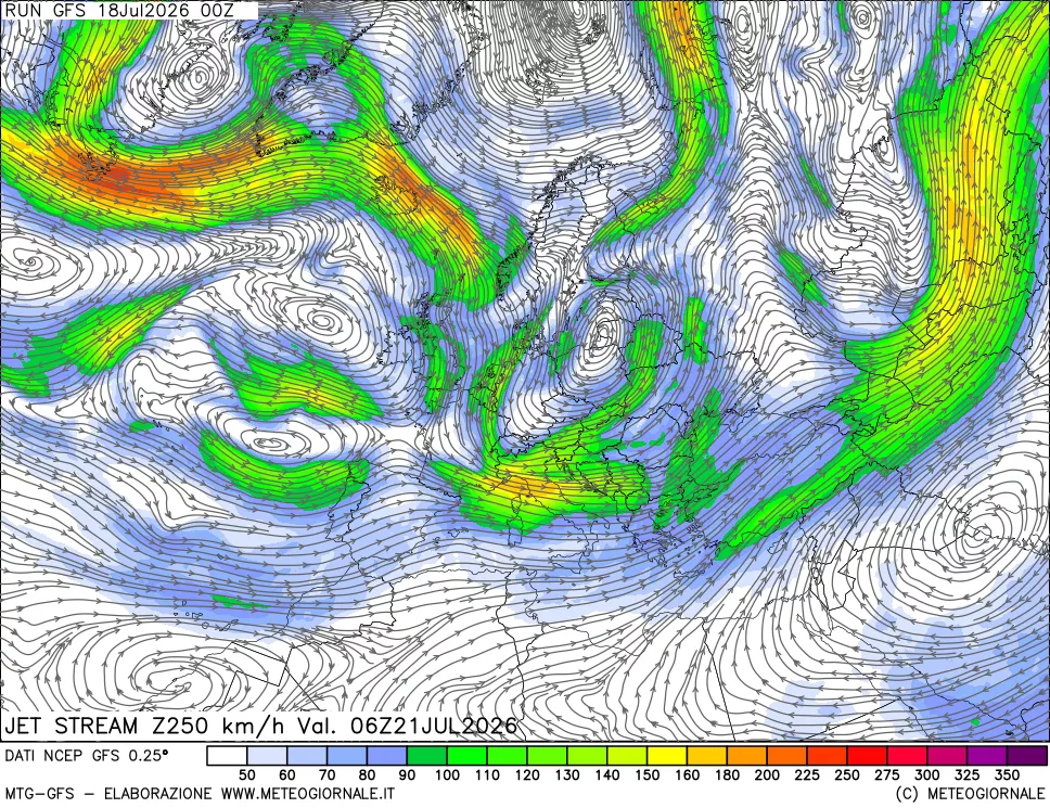 mappa 250 hPa Jet stream