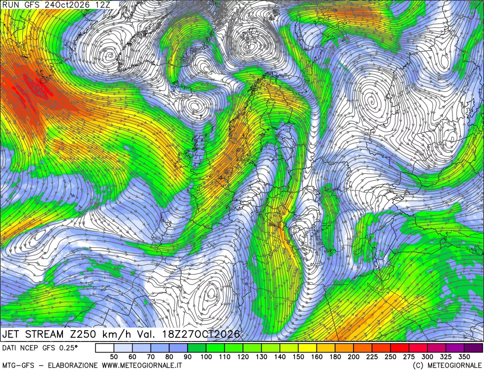 mappa 250 hPa Jet stream