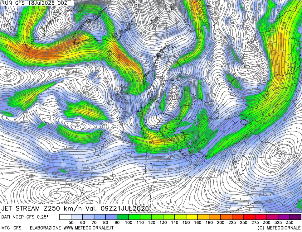 mappa 250 hPa Jet stream