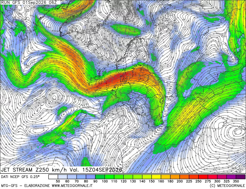 mappa 250 hPa Jet stream