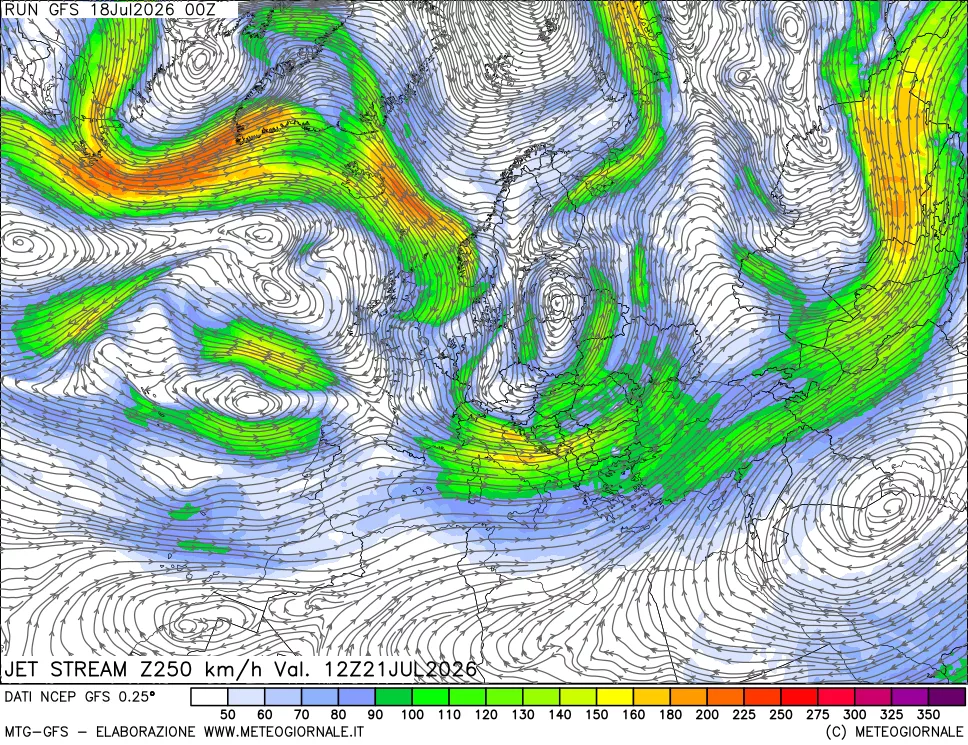 mappa 250 hPa Jet stream