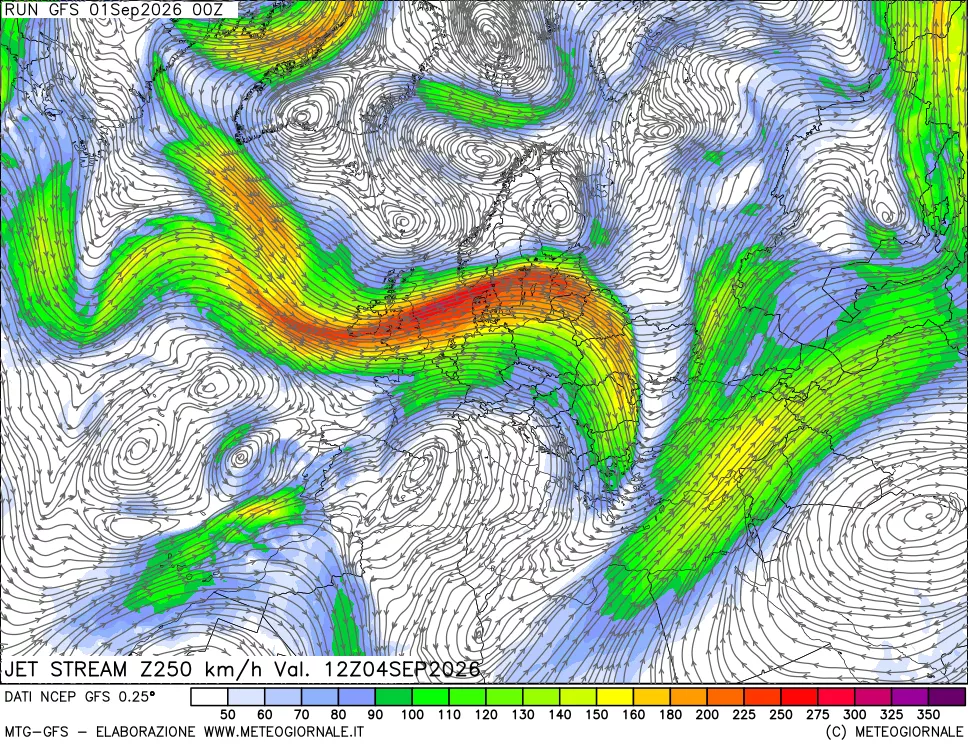 mappa 250 hPa Jet stream