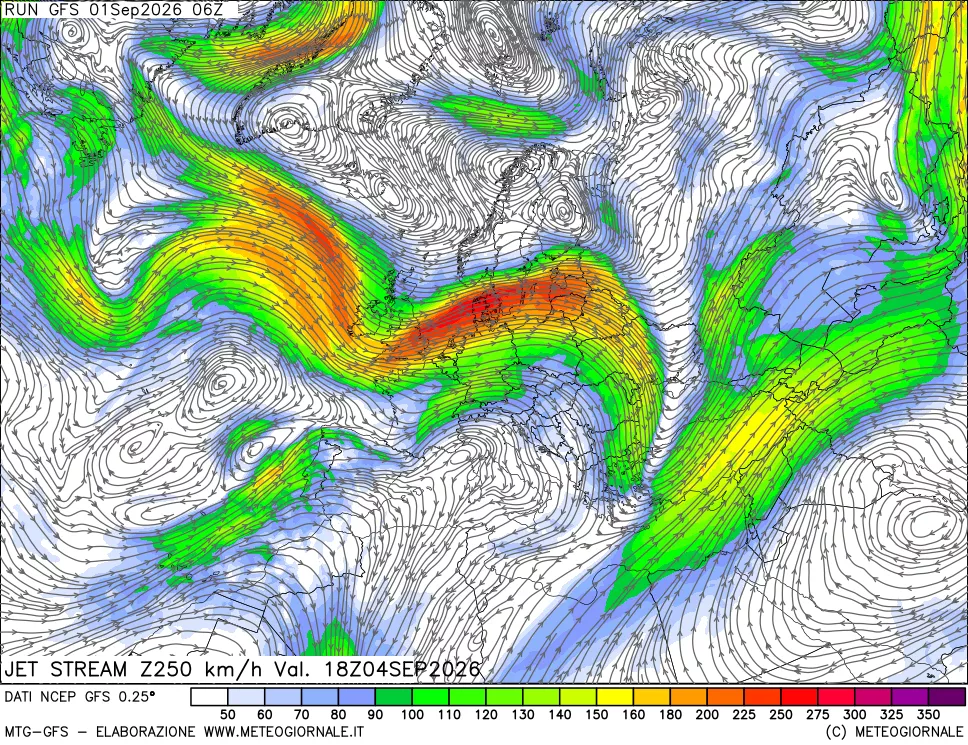 mappa 250 hPa Jet stream