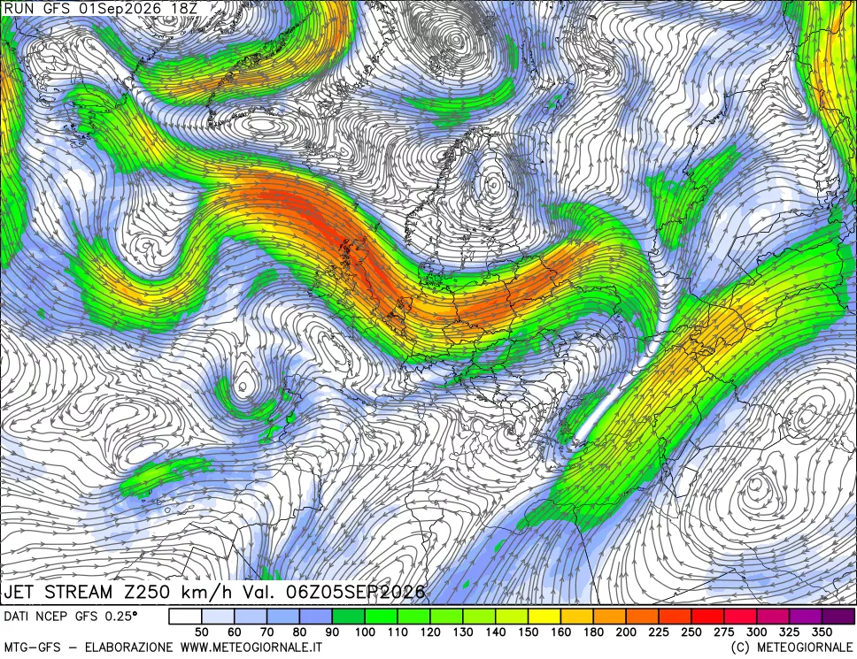 mappa 250 hPa Jet stream