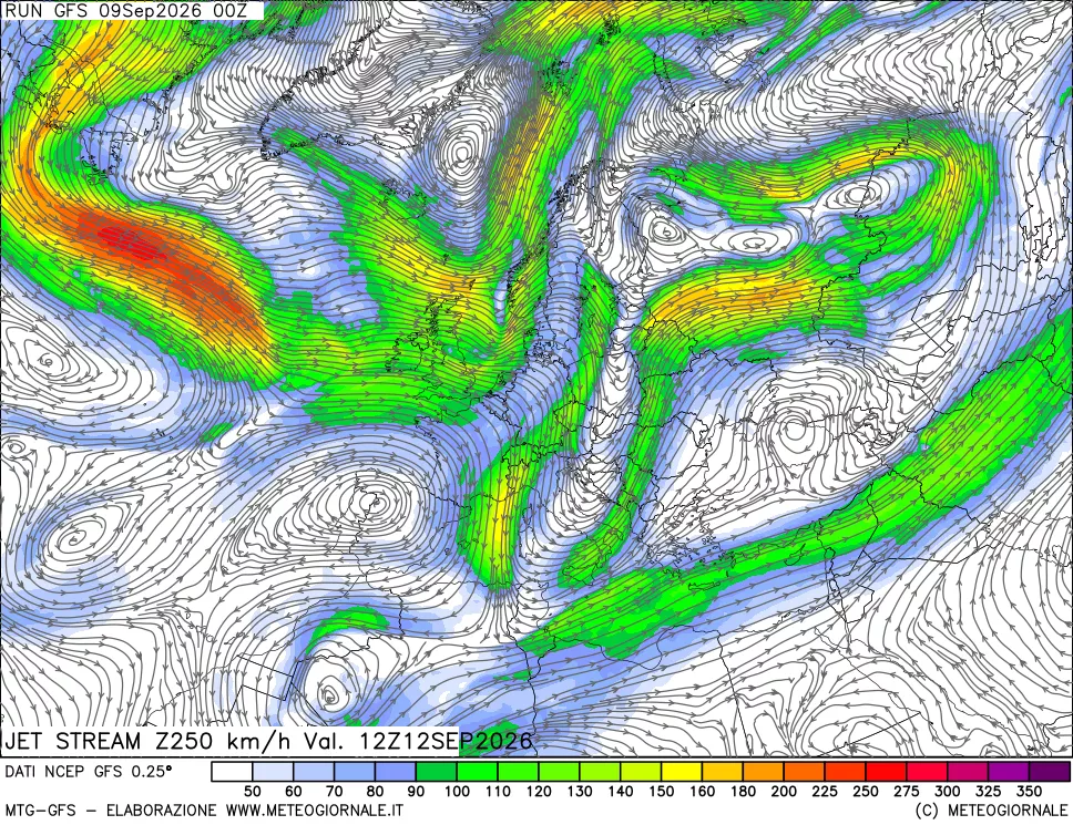 mappa 250 hPa Jet stream