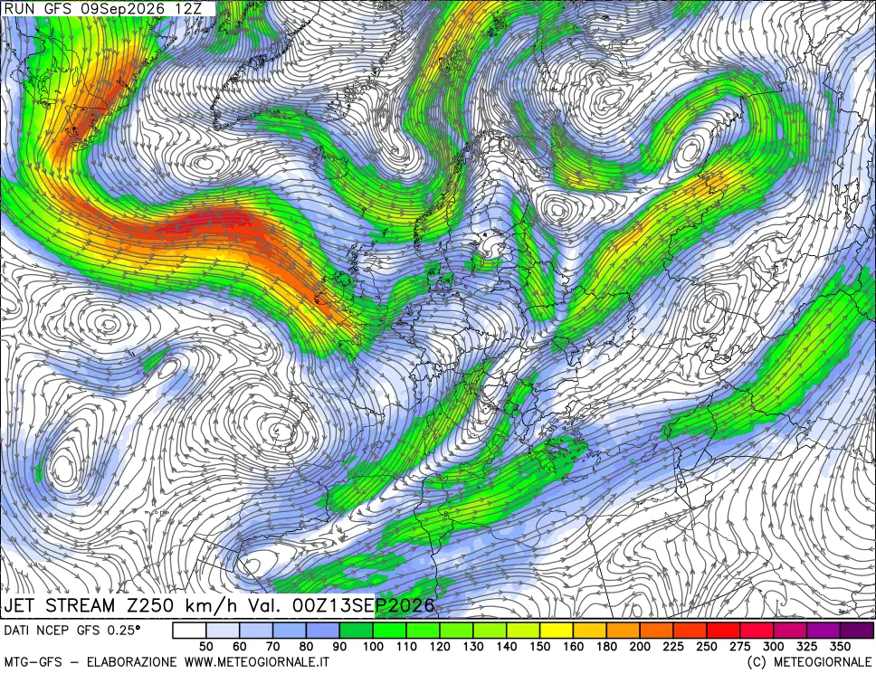 mappa 250 hPa Jet stream