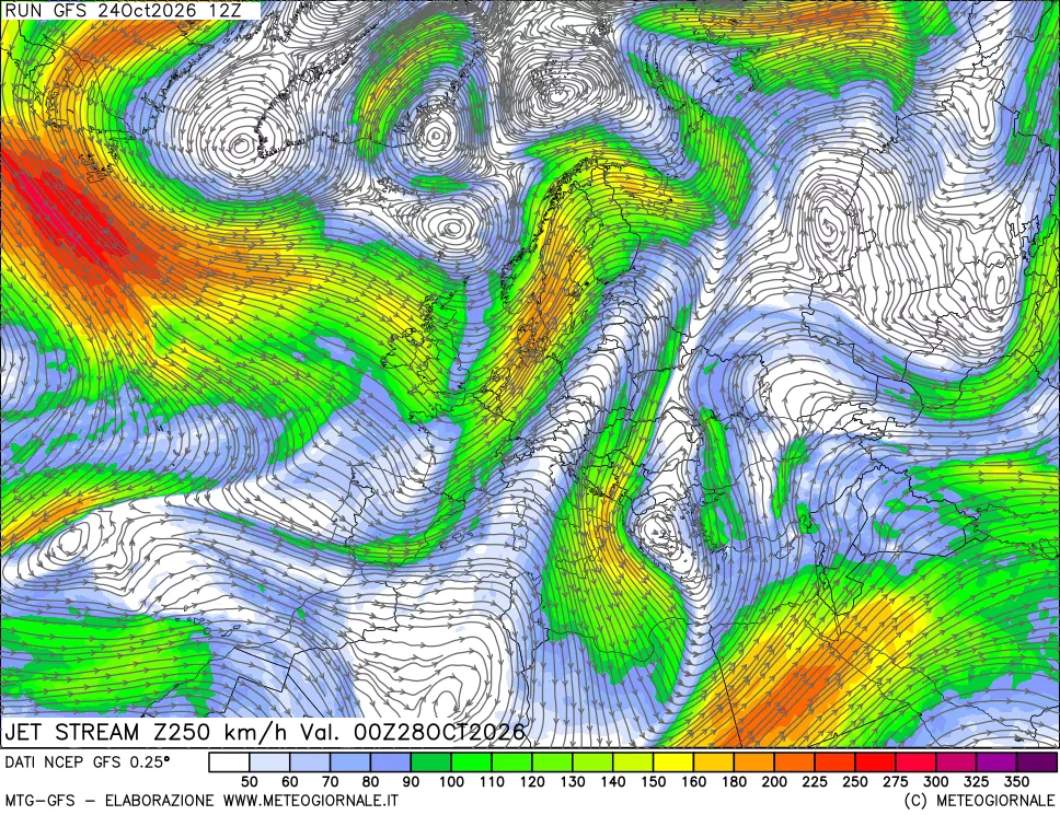 mappa 250 hPa Jet stream