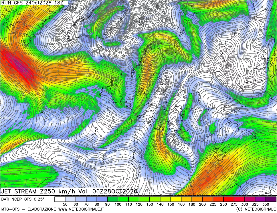 mappa 250 hPa Jet stream