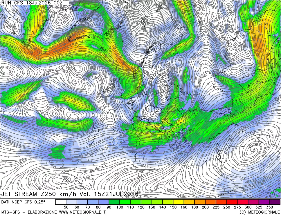 mappa 250 hPa Jet stream