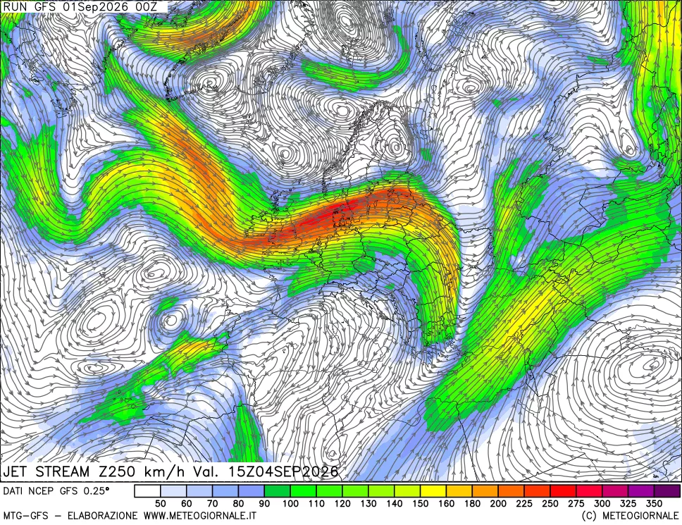 mappa 250 hPa Jet stream