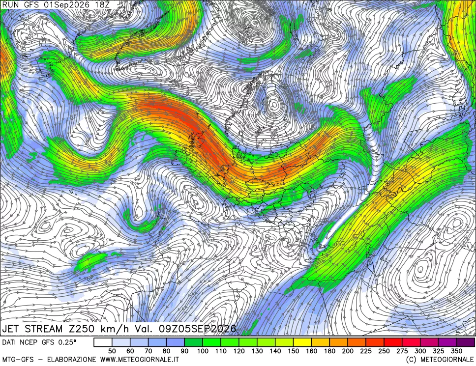 mappa 250 hPa Jet stream