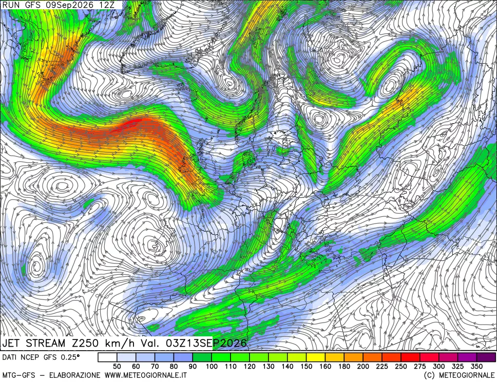 mappa 250 hPa Jet stream
