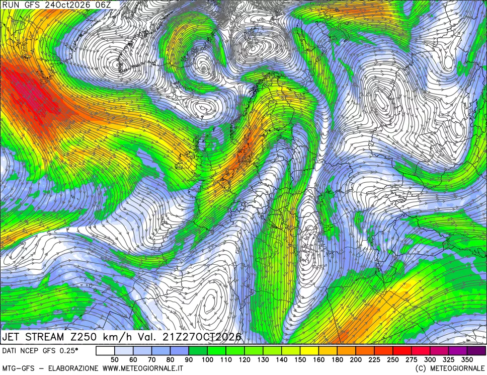 mappa 250 hPa Jet stream