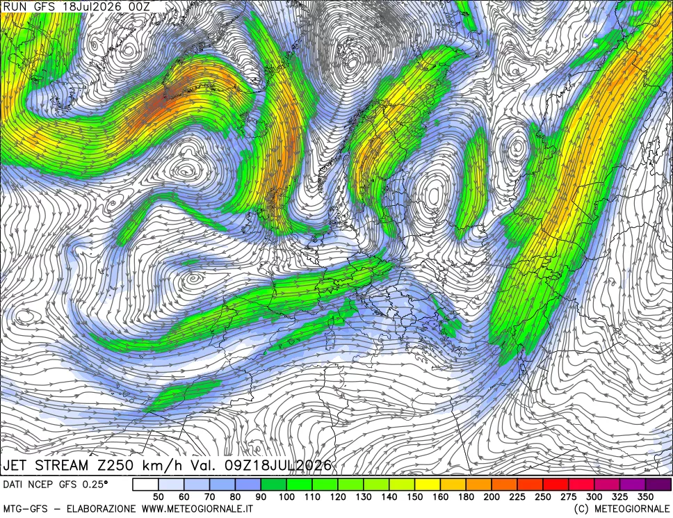 mappa 250 hPa Jet stream