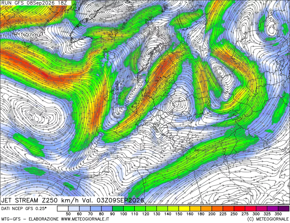 mappa 250 hPa Jet stream
