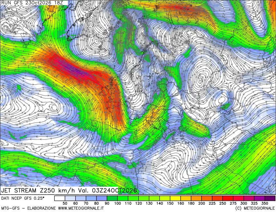 mappa 250 hPa Jet stream