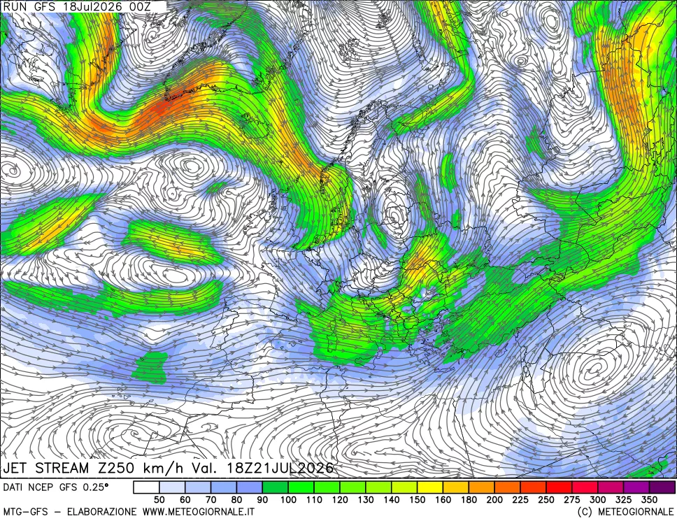 mappa 250 hPa Jet stream