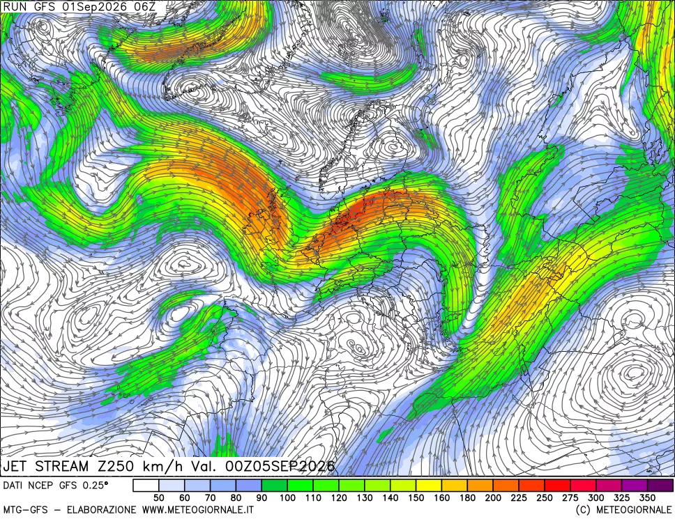 mappa 250 hPa Jet stream