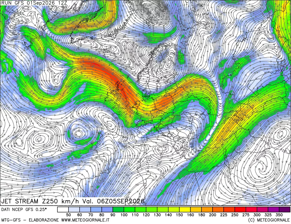 mappa 250 hPa Jet stream