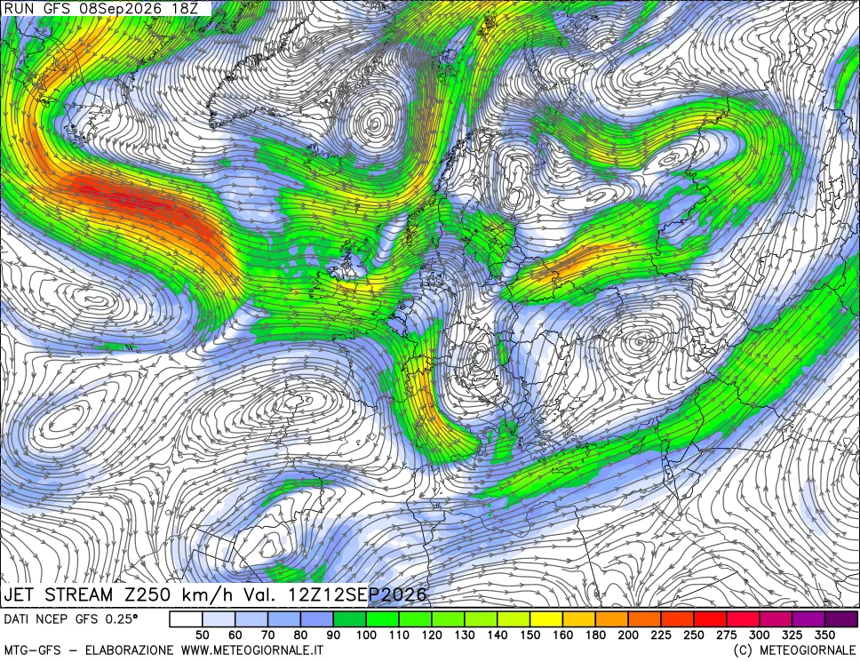 mappa 250 hPa Jet stream