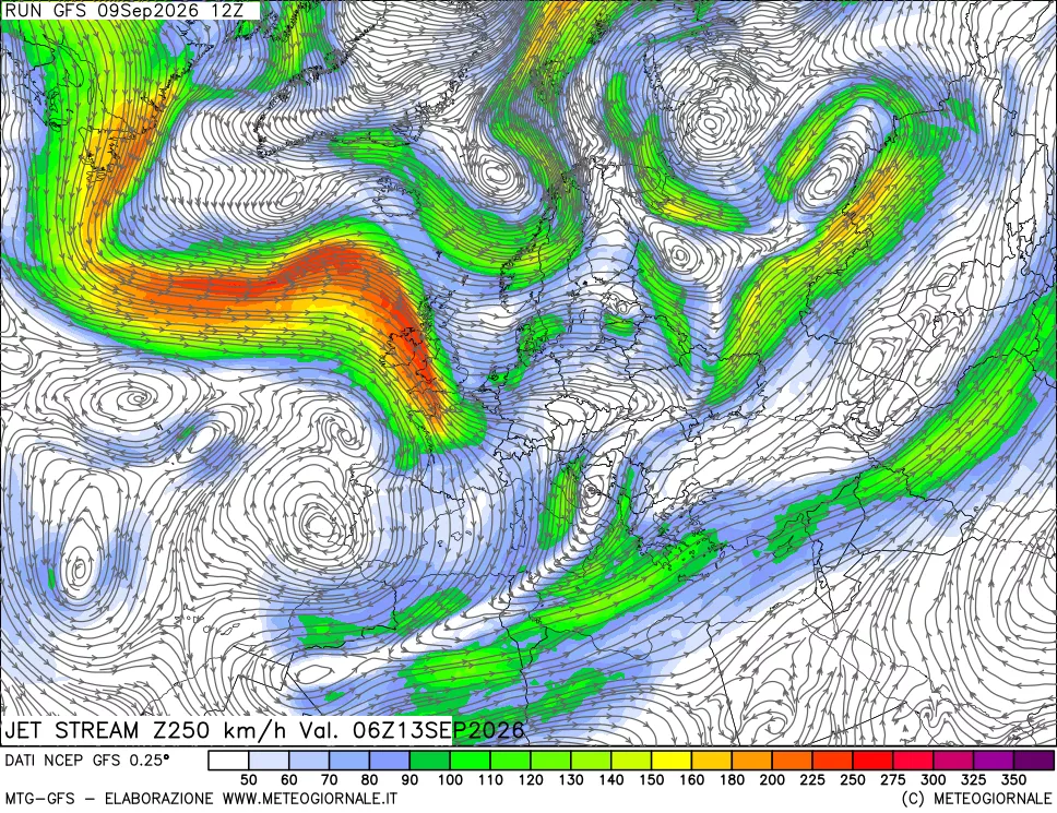 mappa 250 hPa Jet stream