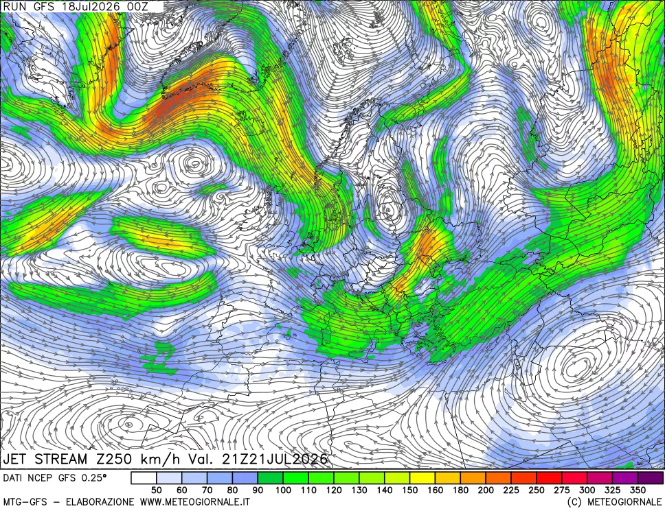 mappa 250 hPa Jet stream