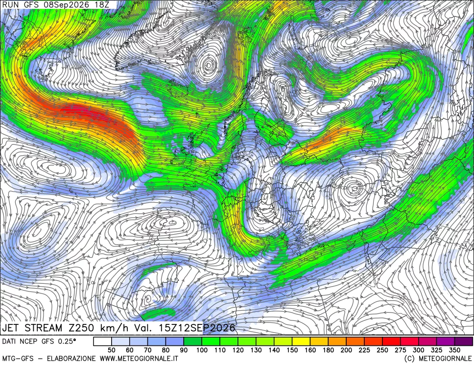 mappa 250 hPa Jet stream