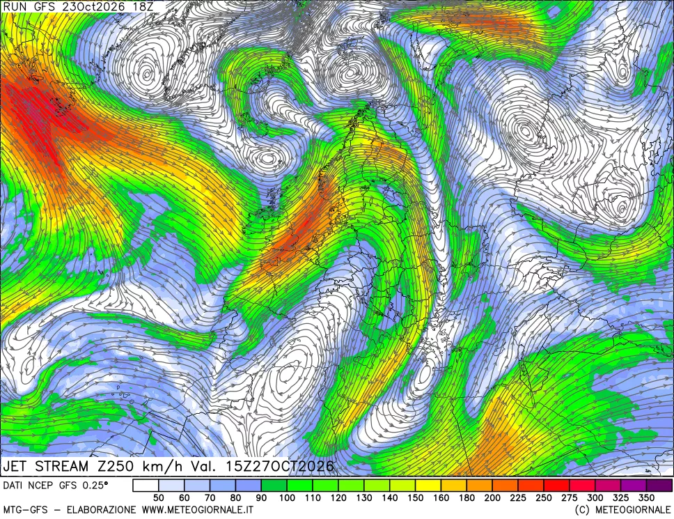 mappa 250 hPa Jet stream
