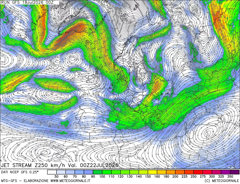 mappa 250 hPa Jet stream
