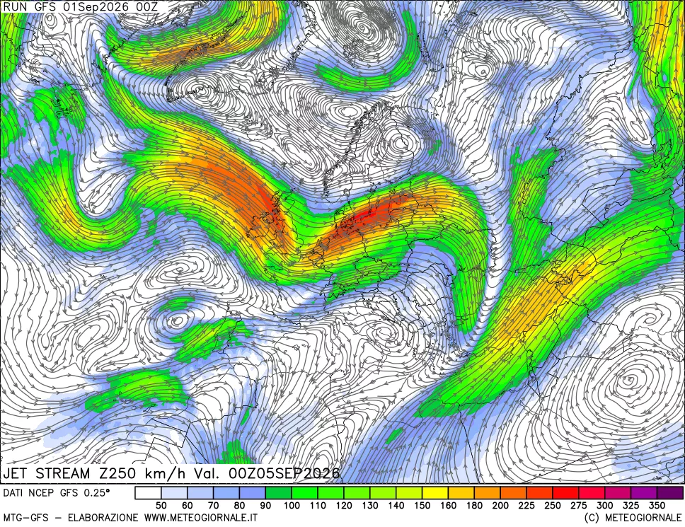 mappa 250 hPa Jet stream