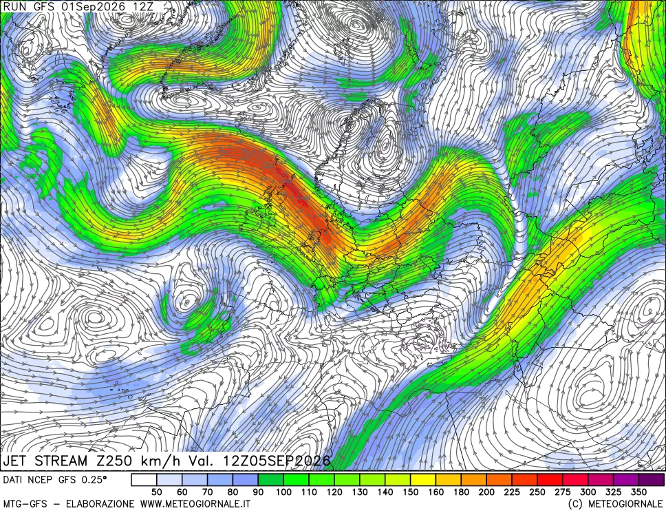 mappa 250 hPa Jet stream