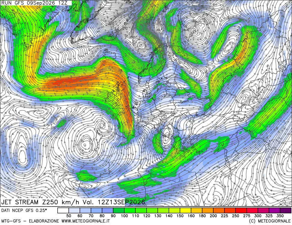 mappa 250 hPa Jet stream