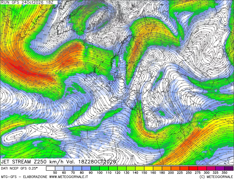 mappa 250 hPa Jet stream