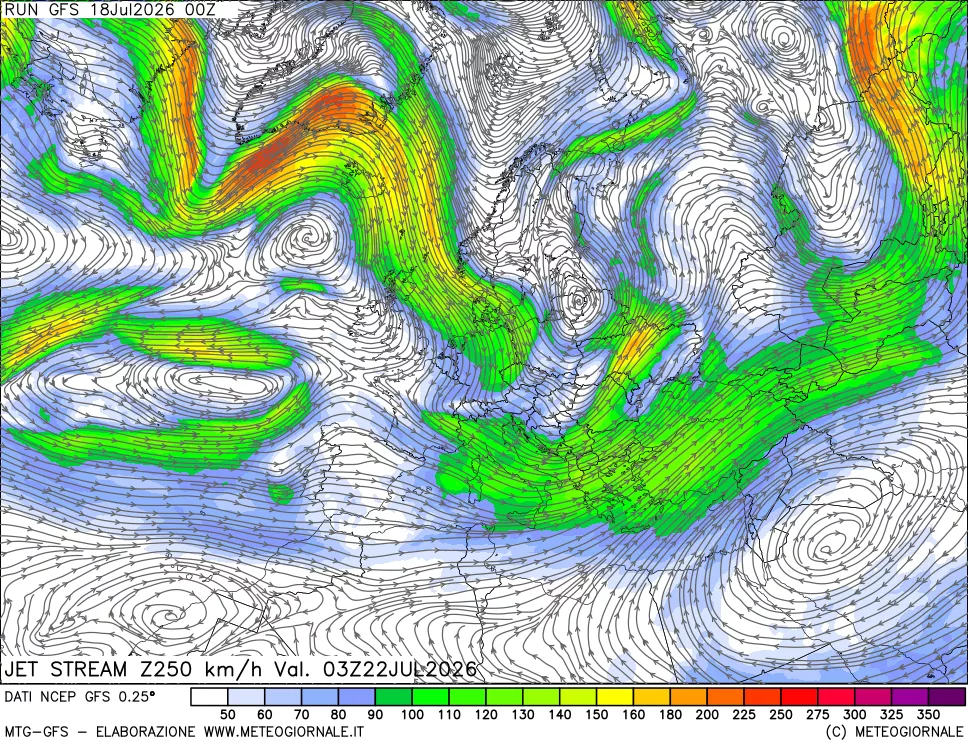 mappa 250 hPa Jet stream