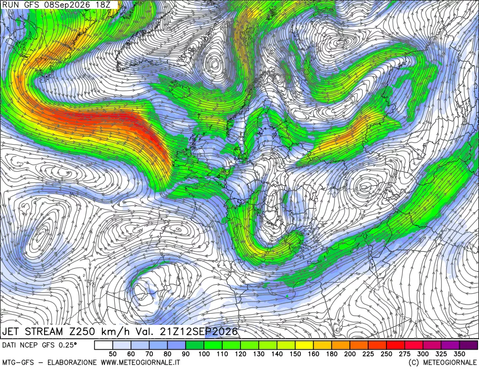 mappa 250 hPa Jet stream