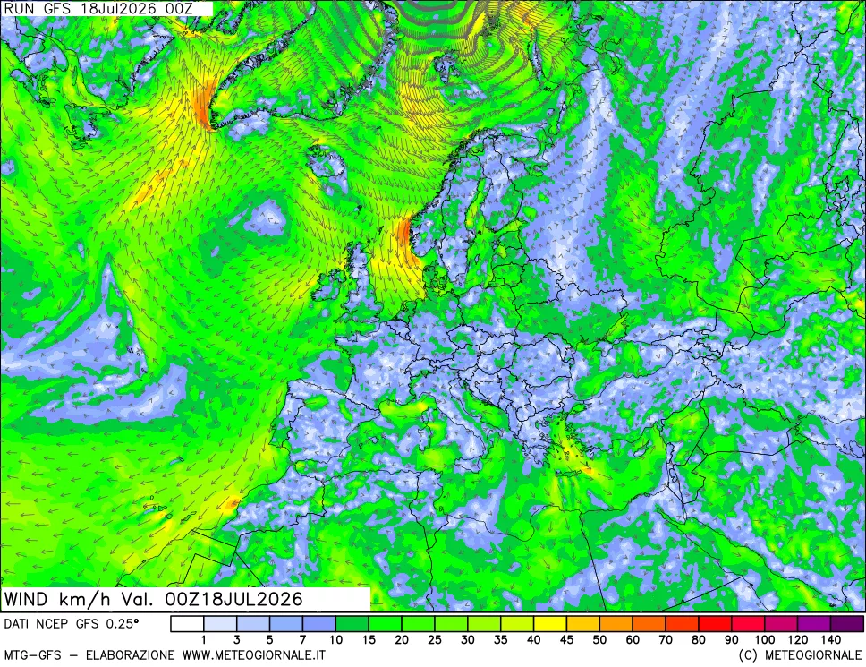 mappa 10 m Vento forza e direzione