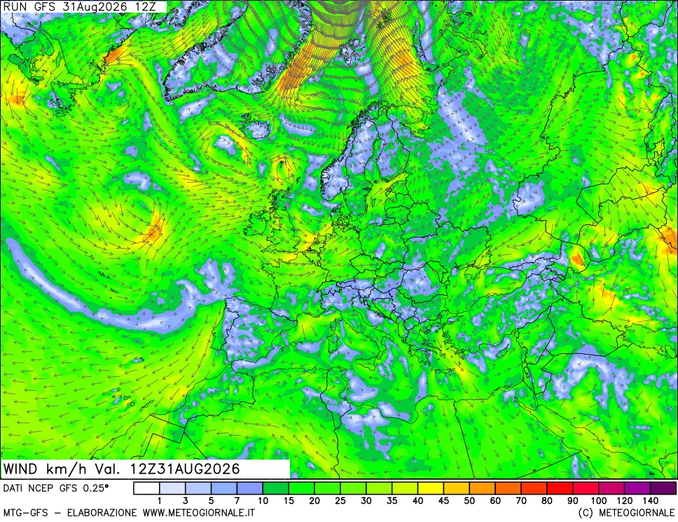 mappa 10 m Vento forza e direzione