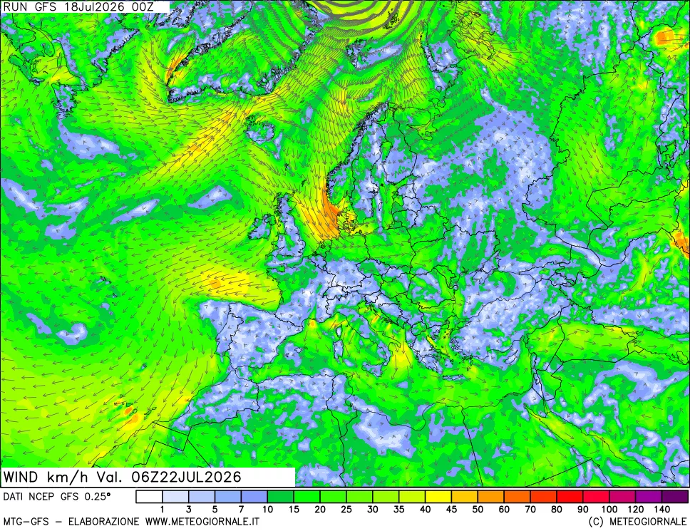 mappa 10 m Vento forza e direzione