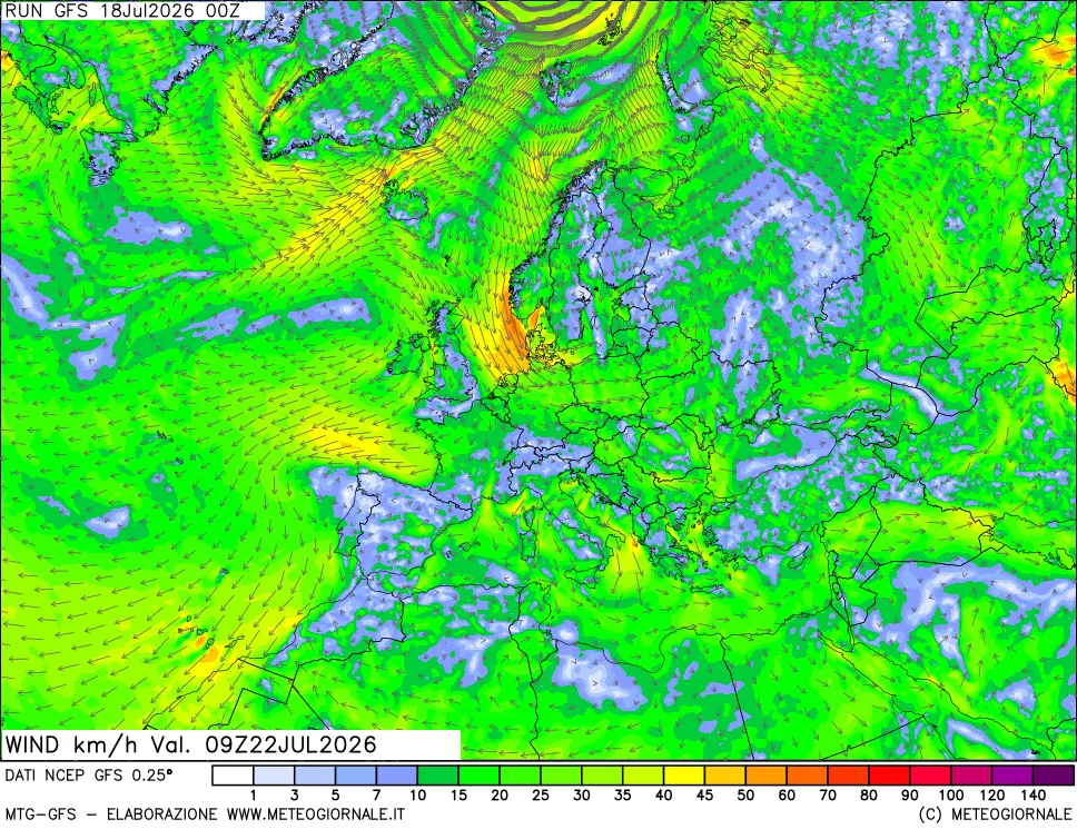 mappa 10 m Vento forza e direzione